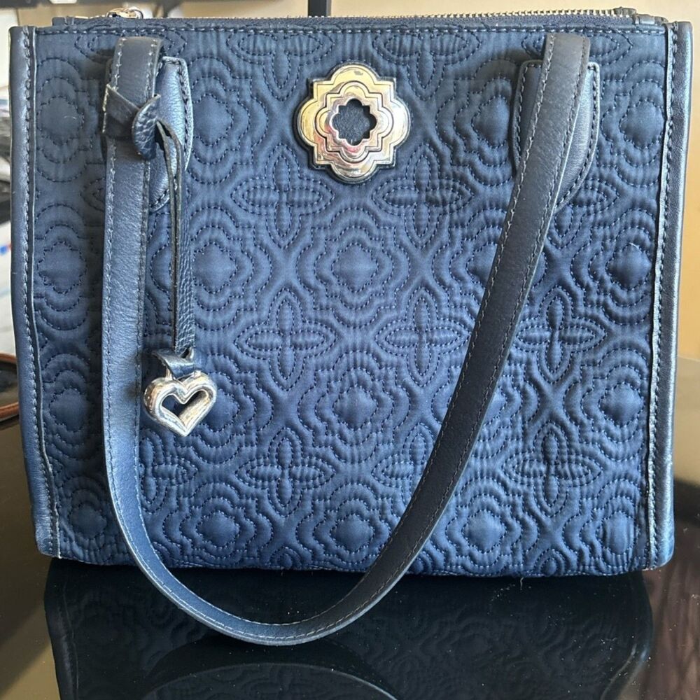 Brighton Navy Blue Quilted Tote Bag Floral Pattern Leather Trim Heart Charm